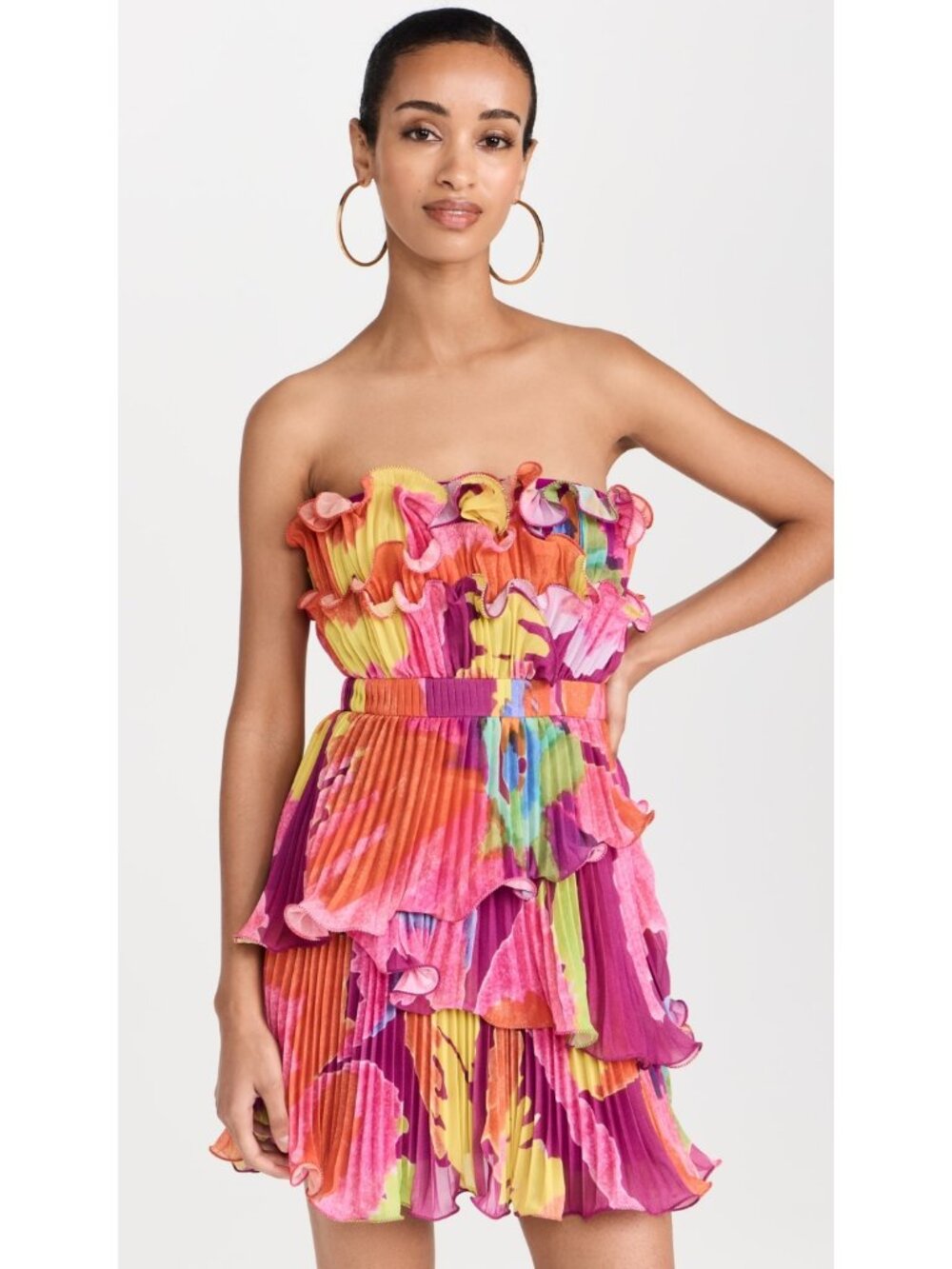 AMUR Massie Strapless Mini Dress Size 4 Purple Floral Pleated Ruffle A-Line - Picture 6 of 14